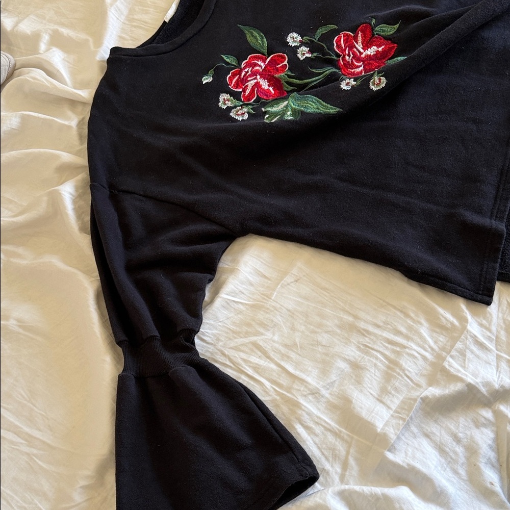 Mango Black Sweater with Red Floral Embroidery